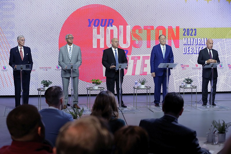 Houston mayoral candidates, from left, Jack Christie, Robert Gallegos, Gilbert Garcia, Lee Kaplan and state Sen. John Whitmire answer questions during a televised candidates debate held at the Houston Public Media studios Thursday, Oct. 19, 2023, in Houston. (AP Photo/Michael Wyke)