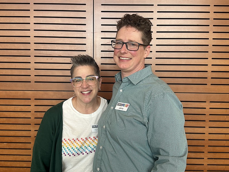 Jamie Joheim, right, with her wife, Meredith Joheim at Central Arkansas Pride's Sunday brunch at the Clinton Presidential Center