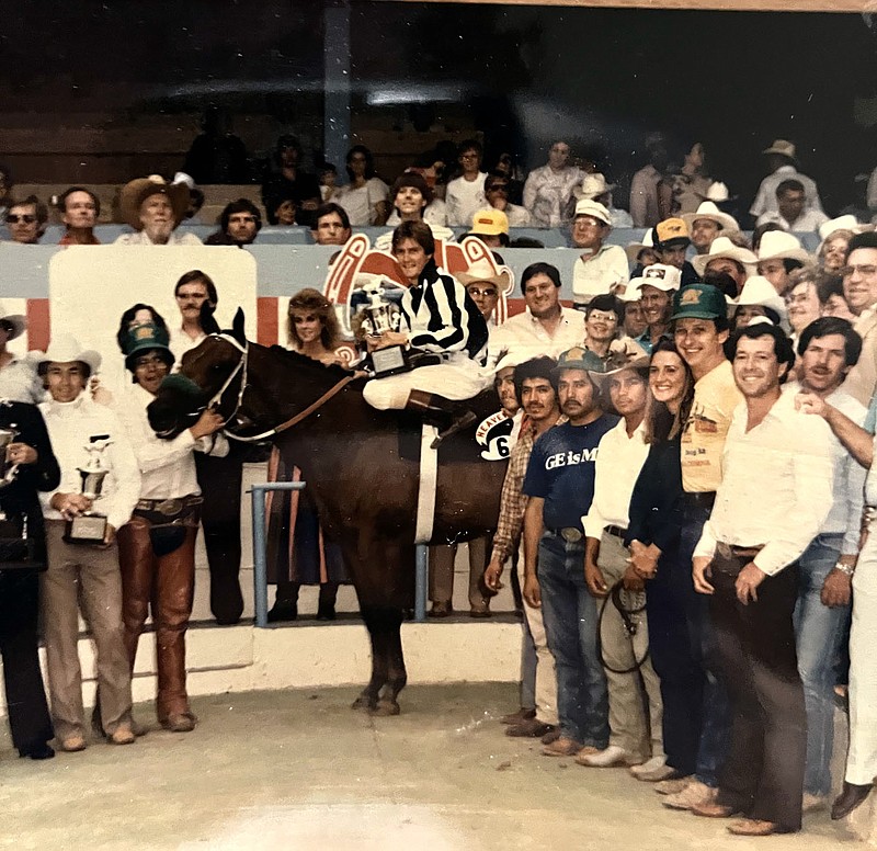 Photo submitted Steve Harris atop the quarter-horse Heavenly celebrates winning the All-American Derby in 1985.