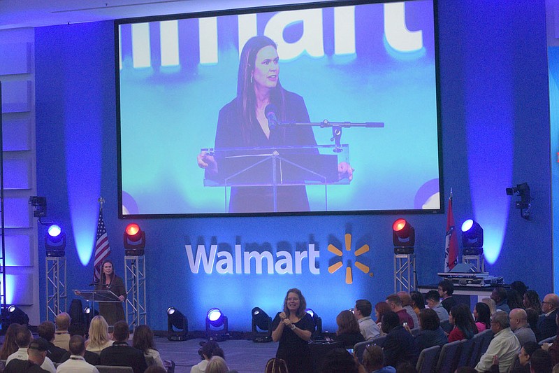 Gov. Sarah Huckabee Sanders delivers opening remarks on Tuesday Oct. 24 2023 at the annual Walmart Open Call event at the Walmart Home Office in Bentonville. Go to nwaonline.com/photos for today's photo gallery.
(NWA Democrat-Gazette/Flip Putthoff)