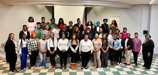 The 2023 Debutantes and Alpha Kappa Alpha Sorority Inc. members meet and greet at Pine Bluff Junior High School recently. (Special to The Commercial)