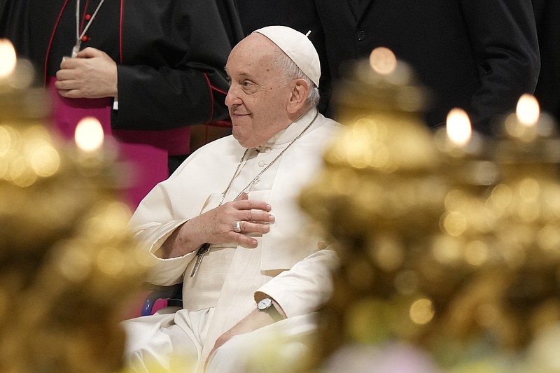 Pope Francis arrives for leading a prayer for peace inside St. Peter's Basilica, at The Vatican, Friday, Oct. 27, 2023. (AP Photo/Andrew Medichini)