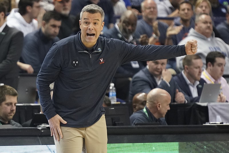 FILE -  Virginia head coach Tony Bennett argues a call during the second half of an NCAA college basketball game against Duke for the championship of the Atlantic Coast Conference Tournament in Greensboro, N.C., Saturday, March 11, 2023. (AP Photo/Chuck Burton, File)