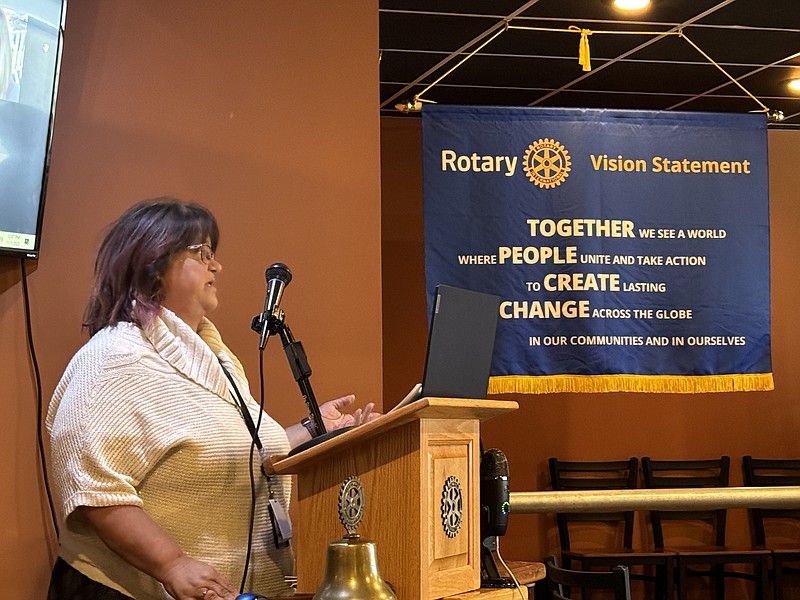 Anakin Bush/Fulton Sun photo: 
Tina Brown, volunteer coordinator at Callaway County Emergency Management, talks to Rotarians about Callaway County's Community Organizations Active in Disaster (COAD). The COAD prepares to assist in any disaster in the community.