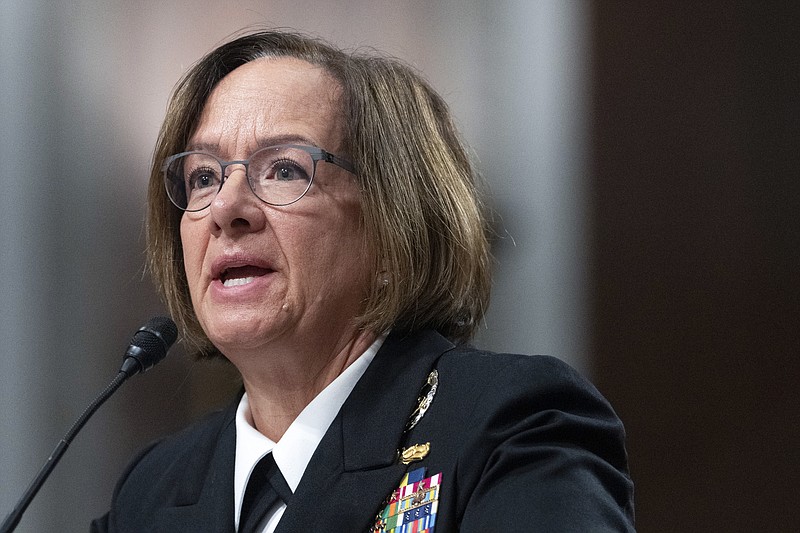 FILE - Navy Adm. Lisa Franchetti speaks during a Senate Armed Services Committee hearing on her nomination for reappointment to the grade of admiral and to be Chief of Naval Operations, Sept. 14, 2023, on Capitol Hill in Washington. The Senate circumvented a hold by Alabama Sen. Tommy Tuberville on Thursday and confirmed Franchetti to lead the Navy, making her the first woman to be a Pentagon service chief and the first female member of the Joint Chiefs of Staff. (AP Photo/Jacquelyn Martin, File)