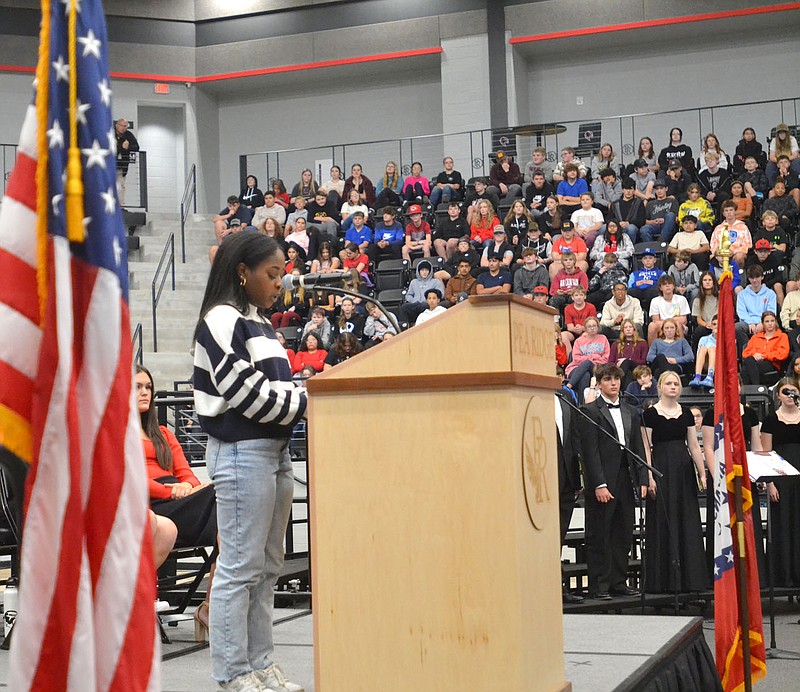 Annette Beard/Pea Ridge TIMES
Akirya Clark introduced "Taps" and explained its significance in the Veterans Assembly Friday morning in the arena at PRHS. For more photographs, go to the PRT gallery at https://tnebc.nwaonline.com/photos/.