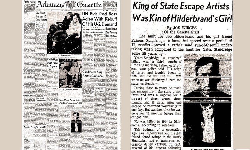 Page 1 of the Oct. 14, 1960, Arkansas Gazette reporting the capture of furlough-jumper Joe Hilderbrand and his girlfriend Frances Standridge, a niece of Yates Standridge. (Democrat-Gazette archives)