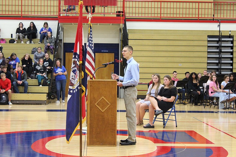Courtesy/Jamie Johnston:  
California High School student Dillon Wood gives his first place VFW speech, “What Are The Greatest Attributes of Our Democracy?” for Friday's Veterans Day assembly.