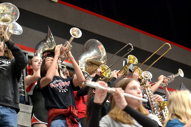 Annette Beard/Pea Ridge TIMES
The Blackhawk Band stirred the enthusiasm during the Blackhawk basketball games Tuesday, Nov. 14, in the arena at Pea Ridge High School.