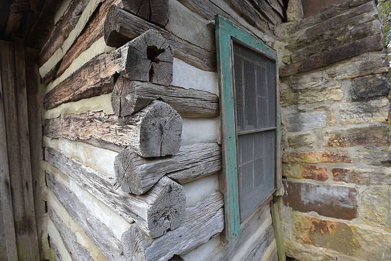 Logs cut and shaped by hand lock together at the Villines cabin, built in 1882. The cabin and farm outbuildings can be toured along a trail tha starts at the south side of the Ponca low-water bridge over the Buffalo National River.
(NWA Democrat-Gazette/Flip Putthoff)