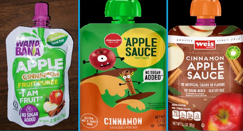 This image provided by the U.S. Food and Drug Administration on Thursday, Nov. 17, 2023, shows three recalled applesauce products - WanaBana apple cinnamon fruit puree pouches, Schnucks-brand cinnamon-flavored applesauce pouches and variety pack, and Weis-brand cinnamon applesauce pouches. The FDA is screening imports of cinnamon from multiple countries for toxic lead contamination after growing reports of children who were sickened after eating pouches of applesauce and apple puree. Cinnamon from a manufacturer in Ecuador is the “likely source” of high levels of lead found in recalled pouches of applesauce puree linked to illnesses, the FDA said Friday, Nov. 17, 2023. (FDA via AP)