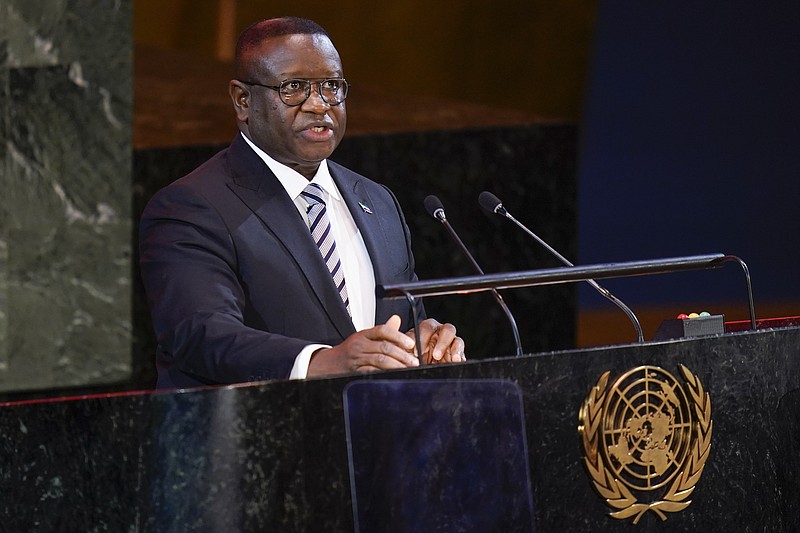 FILE - Julius Maada Bio, President of Sierra Leone, speaks at the start of the Transforming Education Summit at United Nations headquarters, Monday, Sept. 19, 2022. Sierra Leones President has declared a nationwide curfew after gunmen attacked the West African country's main military barracks in the capital, raising fears of a breakdown of order amid a surge of coups in the region. Bio said Sunday, Nov. 26, 2023 in a statement on X, formerly known as Twitter, that the unidentified gunmen attacked an armory in the capital, Freetown, early morning. (AP Photo/Seth Wenig, File)