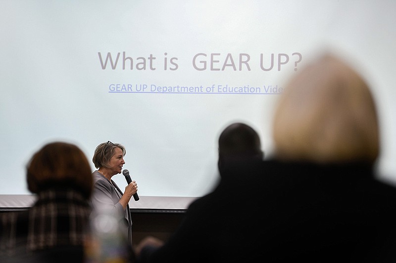 Dr. Victoria Groves-Scott, Dean of the University of Central Arkansas College of Education, speaks to administrators from throughout the state about the new GEAR UP program during a Kickoff and District Orientation event on the UCA campus on Monday, Nov. 27, 2023. UCA has received a $30 million federal grant for a program called Gaining Early Awareness and Readiness for Undergraduate Programs (GEAR UP). This is the first statewide GEAR UP award for Arkansas.

(Arkansas Democrat-Gazette/Stephen Swofford)