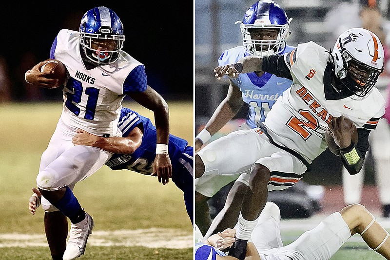 LEFT: Hooks running back Keyshawn Walls rushes against Paul Pewitt on Friday, Sept. 23, 2022, in Omaha, Texas. RIGHT: DeKalb's Winky Williams is tackled during a game against Hooks on Friday, Oct. 27, 2023, in Hooks, Texas. (Photos by JD for the Texarkana Gazette)