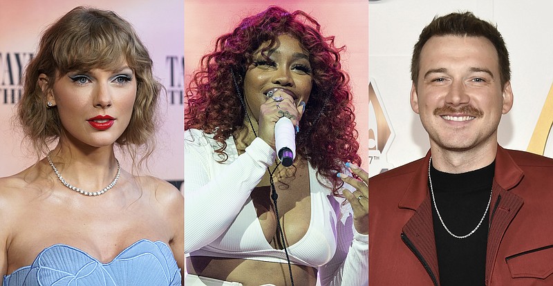 This combination of photos shows Taylor Swift at the world premiere of the concert film "Taylor Swift: The Eras Tour" in Los Angeles on Oct. 11, 2023, left, SZA performing at the Astroworld Music Festival in Houston on Nov. 5, 2021, center, and Morgan Wallen at the 57th Annual CMA Awards in Nashville, Tenn., on Nov. 8, 2023. (AP Photo)