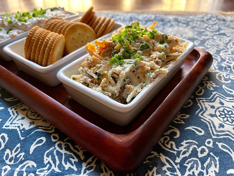 Million Dollar Dip, also known as Neiman Marcus Dip, combines three cheeses, bacon, almonds and green onions for a flavorful appetizer. (Arkansas Democrat-Gazette/Kelly Brant)