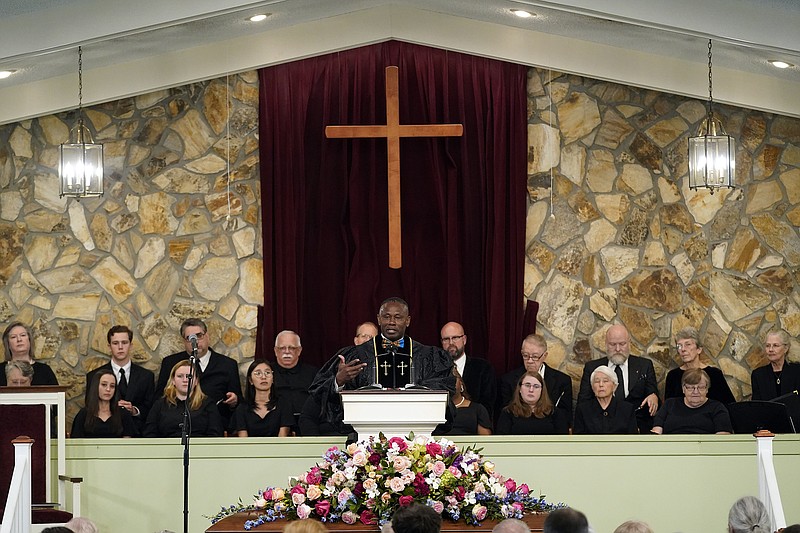 Pastor Tony Lowden speaks during the funeral service for former first lady Rosalynn Carter at Maranatha Baptist Church, Wednesday, Nov. 29, 2023, in Plains, Ga. The former first lady died on Nov. 19. She was 96. (AP Photo/Alex Brandon, Pool)