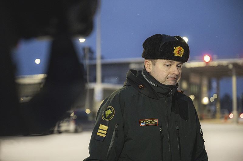 Deputy Commander of the Lapland Border Guard, lieutenant colonel Ville Ahtiainen meets the media at the Raja-Jooseppi international border crossing station in Inari, northern Finland, on Wednesday, Nov. 29, 2023. Finland says it will close its last remaining border crossing with Russia amid concerns that Moscow is using migrants as part of “hybrid warfare” to destabilize the Nordic country following its entry into NATO. (Otto Ponto/Lehtikuva via AP)