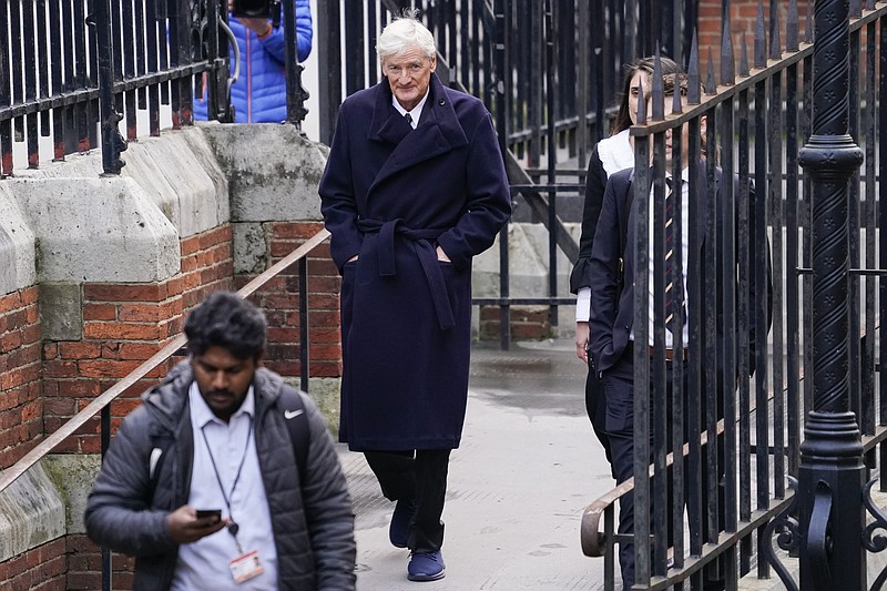 FILE - James Dyson arrives at the Royal Courts of Justice, in London, on Nov. 21, 2023. Billionaire vacuum cleaner tycoon James Dyson lost a libel lawsuit Friday against the Daily Mirror for a column that suggested he was a hypocrite who “screwed” Britain by moving his company's headquarters to Singapore after supporting the campaign in favor of the U.K.'s breakup with the European Union. (AP Photo/Alberto Pezzali, File)