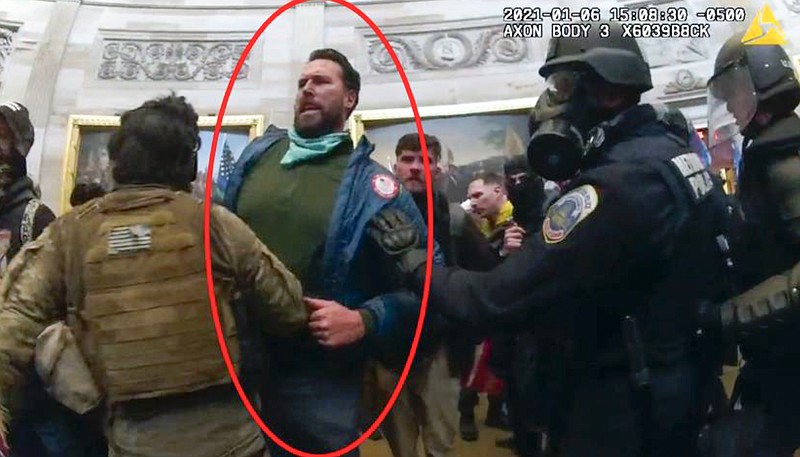 This image from police body-worn video, contained government's sentencing memorandum and annotated by the source, shows Klete Keller in the Rotunda of the U.S. Capitol on Jan. 6, 2021, in Washington. Keller was sentenced on Dec. 1, 2023, to six months of home detention for joining the mob's attack on the U.S. Capitol. U.S. District Judge Richard Leon sentenced him to three years of probation and ordered him to perform 360 hours of community service.(Justice Department via AP)