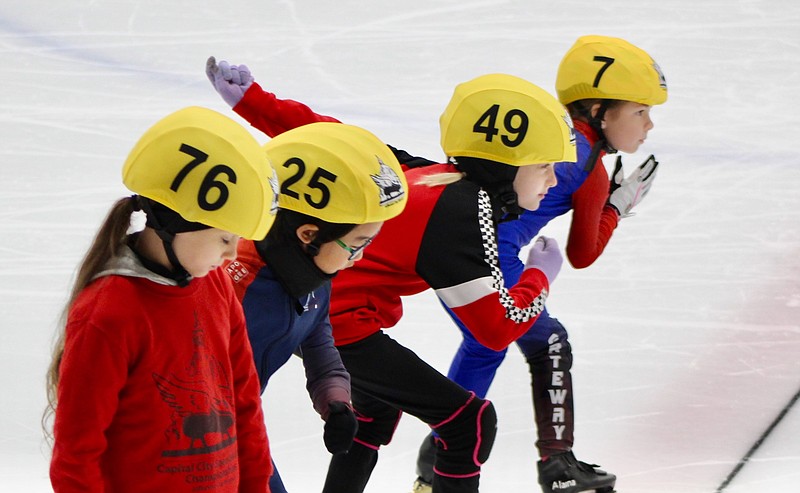 Alexa Pfeiffer/News Tribune photo: 
 The "Gold Seekers" group gets ready for the start of its race Saturday morning, Dec. 2, 2023, in the 27th Annual Capital City Speedskating Championships at the Washington Park Ice Arena.