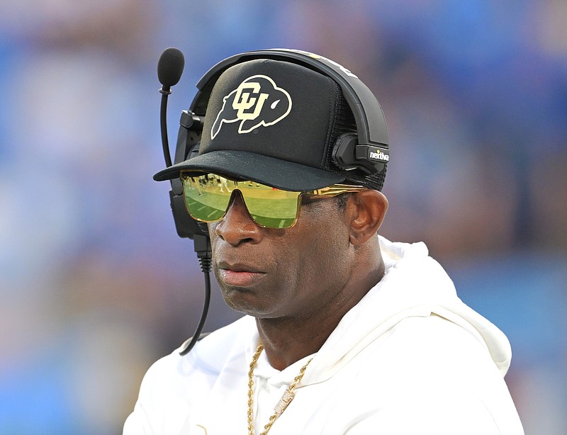 Head coach Deion Sanders looks on during the first half as the Colorado Buffaloes play the UCLA Bruins at Rose Bowl Stadium on Oct. 28, 2023 in Pasadena, California. (RJ Sangosti/The Denver Post/TNS)