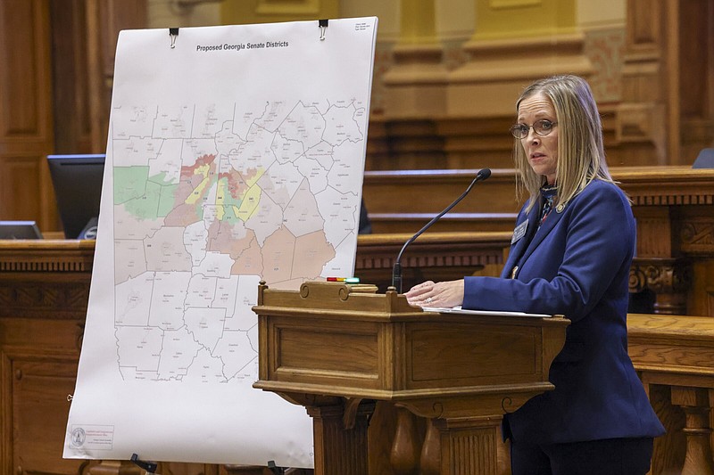 State Sen. Shelly Echols, R-Gainesville speaks on behalf of SB1EX, the Senate redistricting act, in the Senate Chambers during a Special Session at the Georgia State Capitol, Friday, Dec. 1, 2023, in Atlanta. (Jason Getz/Atlanta Journal-Constitution via AP)
