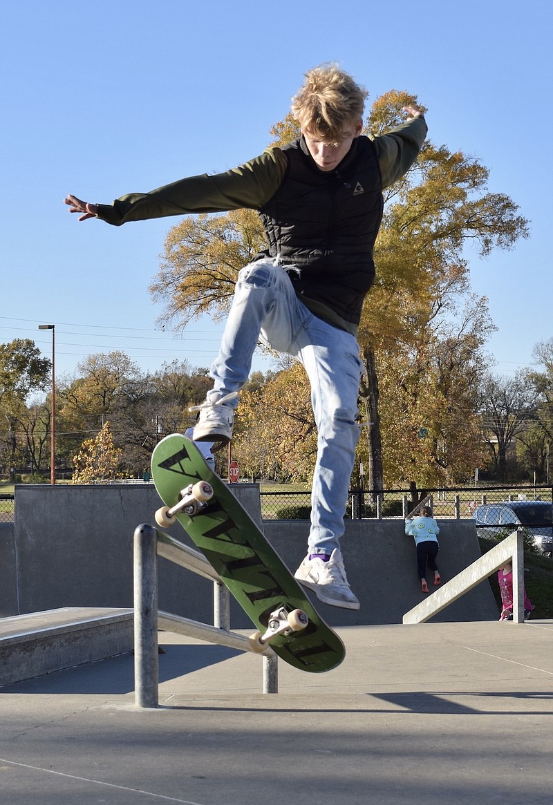Cade Cunningham finishes a boardslide Sunday afternoon, Dec. 3, 2023, at Skatetopia in downtown Texarkana, Texas. The Texas High School senior said he has been skateboarding for about four years. The public skate park, which is adjacent to Kidtopia park, is immediately south of Texarkana Public Library, and bounded by West Third, Oak, West Broad and Elm streets. (Staff photo by Stevon Gamble)
