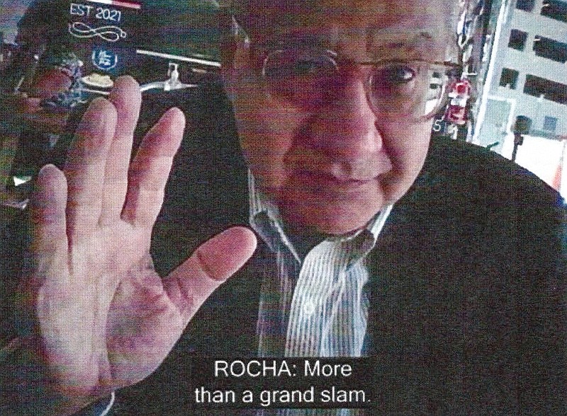 This image provided by the Justice Department and contained in the affidavit in support of a criminal complaint, shows Manuel Rocha during a meeting with a FBI undercover employee. The Justice Department says Rocha, a former American diplomat who served as U.S. ambassador to Bolivia, has been charged with serving as a covert agent for Cuba's intelligence services since at least 1981. Newly unsealed court papers allege that Manuel Rocha engaged in "clandestine activity" on Cuba's behalf for decades, including by meeting with Cuban intelligence operatives. (Justice Department via AP)