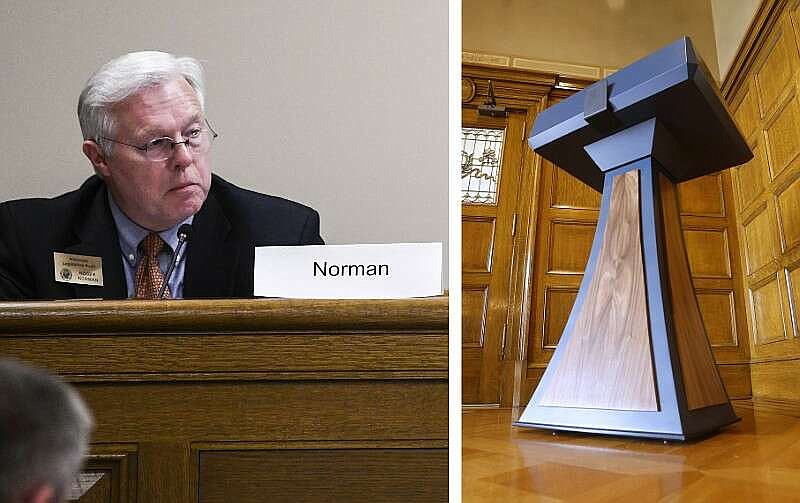 Legislative Auditor Roger Norman (left) and the lectern identified by the Sanders administration as costing $19,029.25 are shown in Little Rock in these 2023 file photos. Norman was attending a meeting of the Arkansas Legislative Audit Committee on Oct. 12, 2023, and the lectern was displayed in the Governors Conference Room at the state Capitol on Sept. 26, 2023. (Left, Arkansas Democrat-Gazette/Stephen Swofford; right, Arkansas Democrat-Gazette/Thomas Metthe)