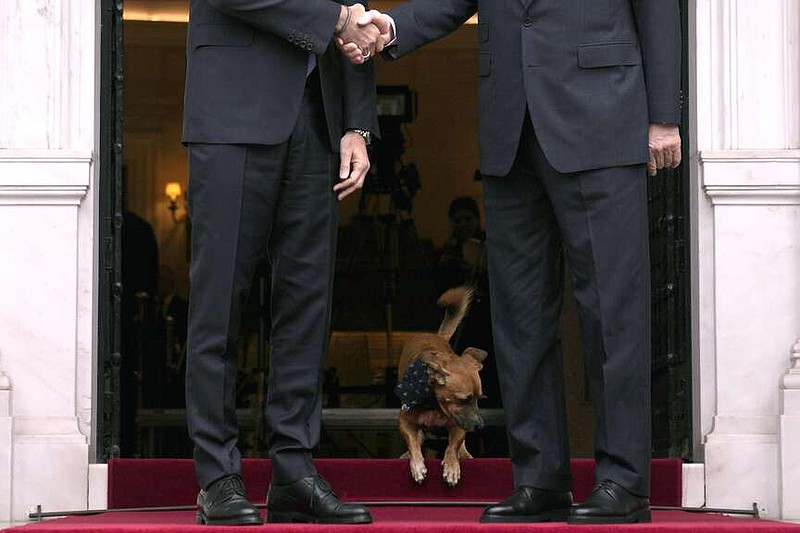 Greece's Prime Minister Kyriakos Mitsotakis, left, welcomes the Turkey's President Recep Tayyip Erdogan before their meeting, as Mitsotakis' dog stands between them, at Maximos Mansion in Athens, Greece, Thursday, Dec. 7, 2023. Erdogan arrived in Greece on a visit designed to set the historically uneasy neighbors on a more constructive path and help repair strained his country's strained relationship with the European Union. (AP Photo/Thanassis Stavrakis)