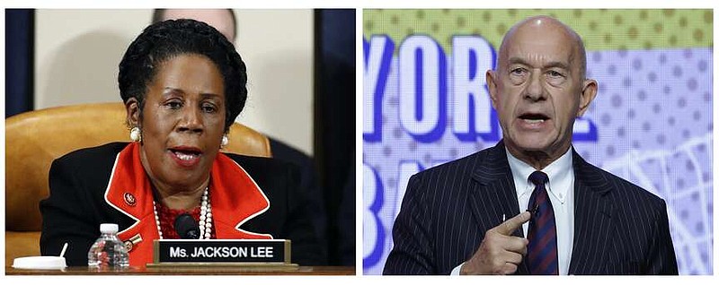 FILE - In this photo combination, U.S. Rep. Shelia Jackson Lee, D-Texas, left, speaks during a meeting on Capitol Hill in Washington, Dec. 13, 2019, and at right, Democratic state Sen. John Whitmire answers a question during a televised candidates debate at Houston Public Media studios, Thursday, Oct. 19, 2023, in Houston. A mayoral runoff Saturday, Dec. 9, 2023 between state Sen. John Whitmire, 74, and U.S. Rep. Sheila Jackson Lee, 73, has the fourth-largest city in the U.S. on the verge of picking a new leader who cuts against Houston's demographic trends. (AP Photo/Patrick Semansky, Michael Wyke, File)