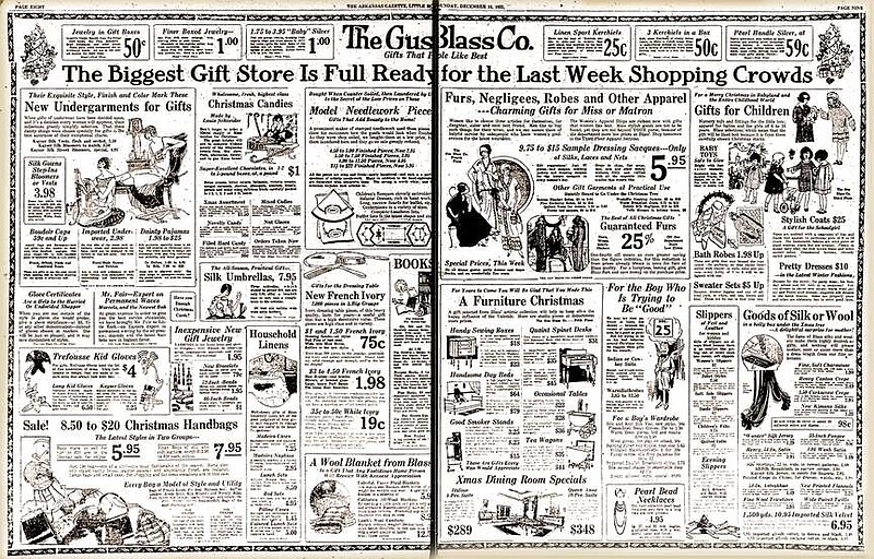 The second and third pages of a four-page Gus Blass Co. pre-Christmas ad block were a double-truck chockful of advice and marketing claims. (Democrat-Gazette archives)