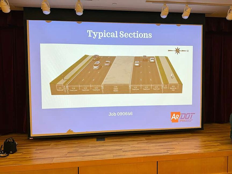 A screen displays on Thursday what a section of Southeast 14th Street could look like under a proposal by the Arkansas Department of Transportation during a meeting at the Bentonville Community Center.
(NWA Democrat-Gazette/Mike Jones)