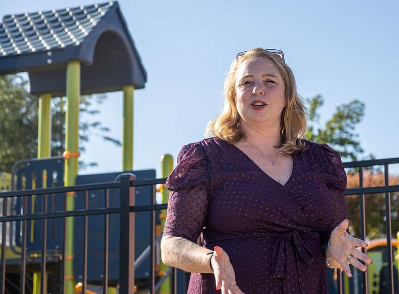 News Tribune file photo: 
Deanna Alonso speaks to a gathering in October 2023 during Central Missouri Foster Care and Adoption Association's unveiling of a new playground in Jefferson City. The organization's old playground had burned about a year earlier.