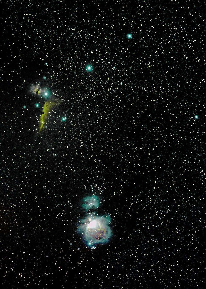David Cater/Star-Gazing
Pictured is a wide-field shot of Orion, which includes the three belt stars in Orion as well as the Horsehead nebula, near Alnitak, and, just below center in the photograph, the enormous nebula M42.