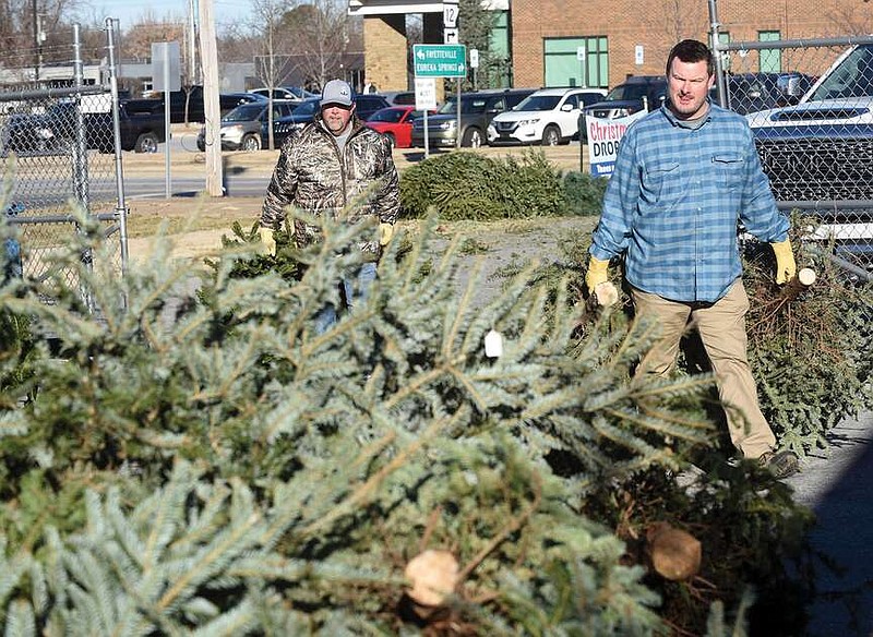 Curt Clark (left) and Aaron Jolliff stack Christmas trees Jan. 7, 2020, that will be sunk in Beaver Lake for fish habitat.
(File Photo/NWA Democrat-Gazette/Flip Putthoff)