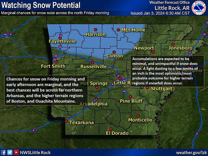 This graphic from the National Weather Service highlights areas that could see snow on Friday (National Weather Service/X)