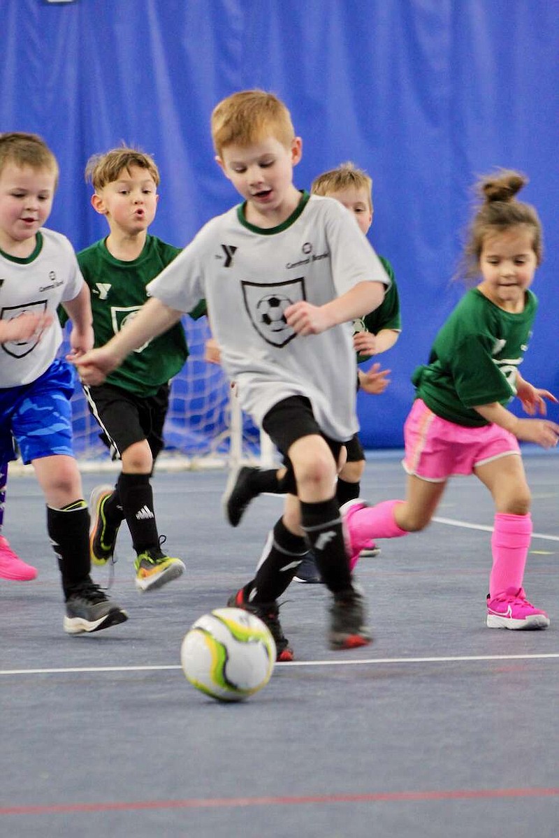 Alexa Pfeiffer/News Tribune photo:
Liam Rackers plays Saturday, Jan. 6, 2024, in the Pre-K/kindergarten division during the first weekend of Futsal youth league play at the Firley YMCA.