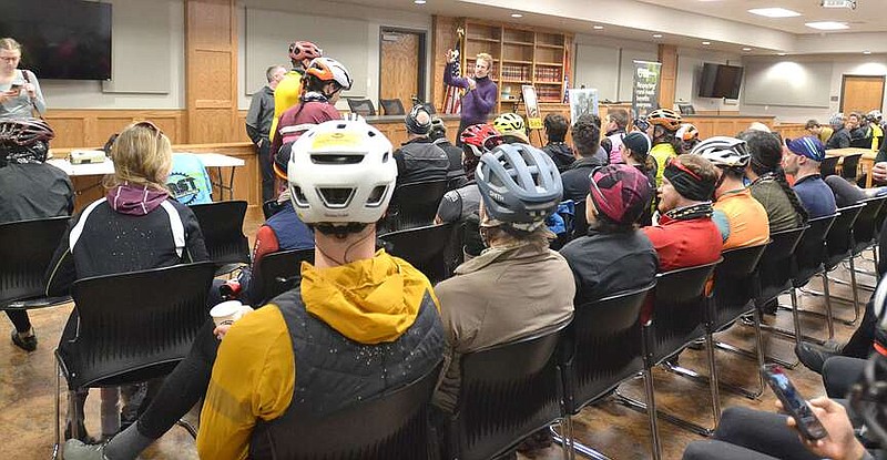 Annette Beard/Pea Ridge TIMES
More than 200 cyclists were treated to coffee from Ember Mountain and donuts from Super Donuts met at the Pea Ridge City Hall for question and answer time with Mayor Nathan See. For more photographs, go to the PRT gallery at https://tnebc.nwaonline.com/photos/.