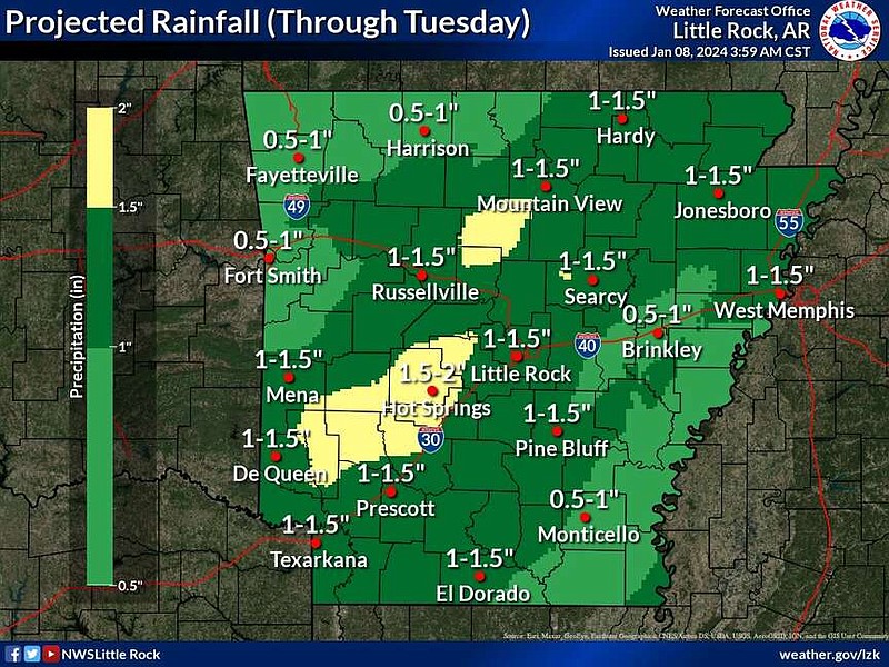 This graphic from the National Weather Service highlight areas in Arkansas forecast to see some rain early on Monday and Tuesday. (National Weather Service/X)