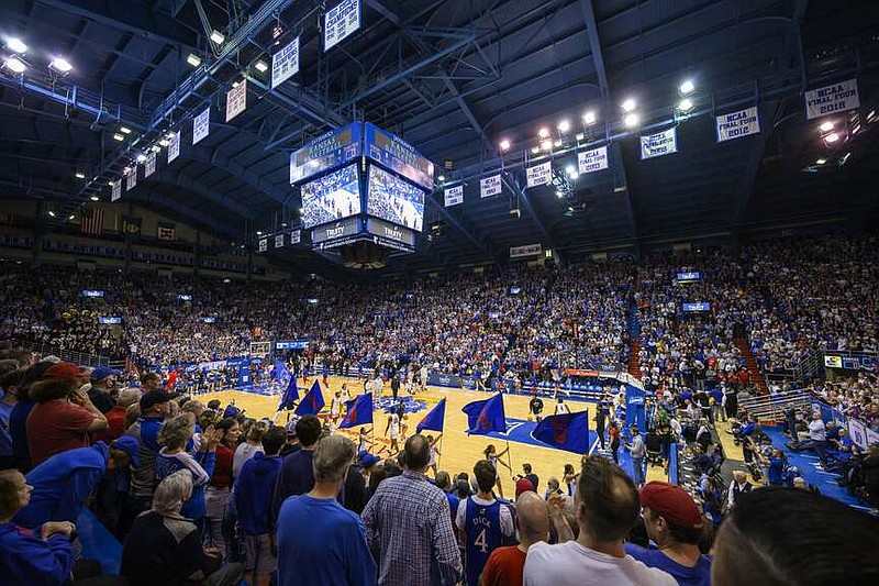 FILE - The University of Kansas' Allen Fieldhouse, also known as "The Phog," is shown before an NCAA college basketball gamebetween Kansas and Texas Tech in Lawrence, Kan., Tuesday, Feb. 28, 2023. (AP Photo/Reed Hoffmann, File)