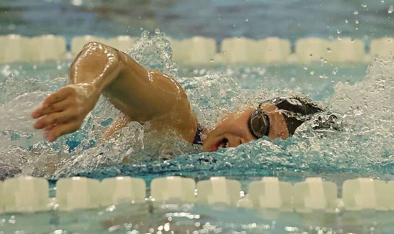 Bentonville's Susie Lee competes in the 200 yard freestyle event at the Arkansas State Swimming Championships tournament at the Donaghey Student Center on the UALR campus Saturday, Feb. 25, 2023. See more photos at arkansasonline.com/226swimming/ (Arkansas Democrat-Gazette/Colin Murphey)
