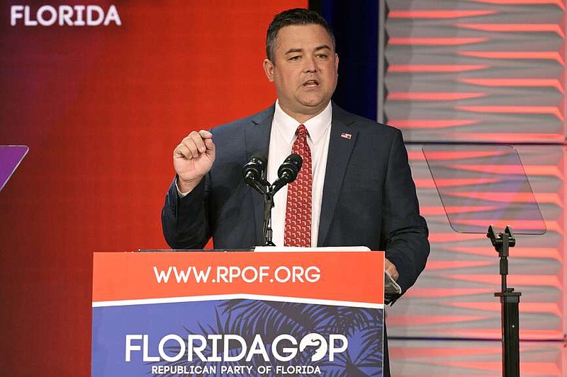 FILE - Republican Party of Florida Chairman Christian Ziegler addresses attendees at the Republican Party of Florida Freedom Summit, Saturday, Nov. 4, 2023, in Kissimmee, Fla. Police cleared Ziegler, the ousted chair of the Florida Republican Party, of rape allegations on Friday, Jan 19, 2024, but said they have asked prosecutors to charge him with illegally video recording the sexual encounter he had with a female acquaintance.  (AP Photo/Phelan M. Ebenhack, File)