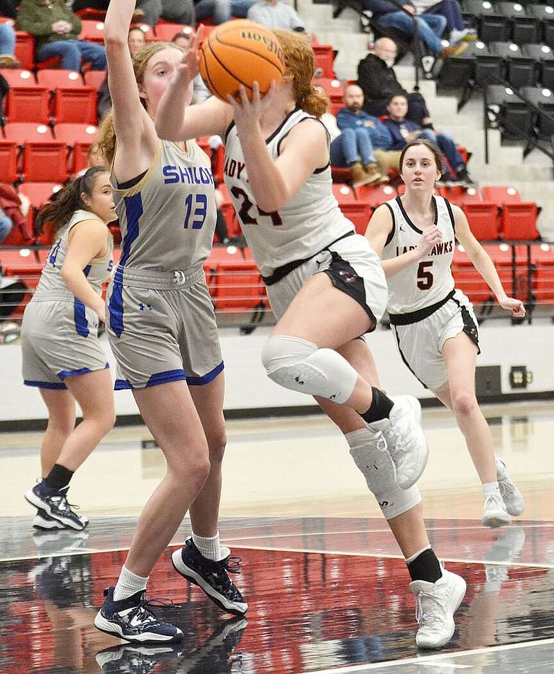 Annette Beard/Pea Ridge TIMES
Sophomore Makena Ward, No. 24, scored 7 points as the Pea Ridge Lady Blackhawks defeated the Shiloh Lady Saints 45 to 42 Friday, Jan. 19. For more photographs, go to the PRT gallery at https://tnebc.nwaonline.com/photos/.