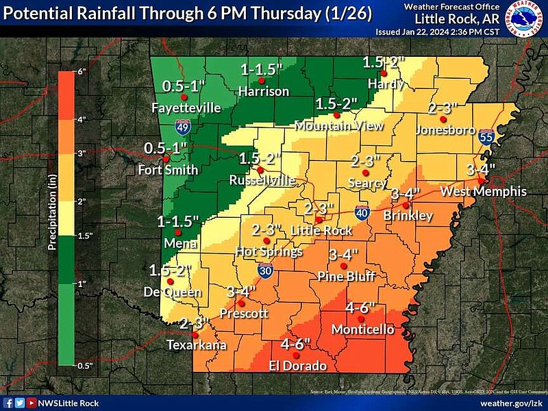 This graphic from the National Weather Service highlights how much rain parts of Arkansas are forecast to see through Thursday. (National Weather Service/X)
