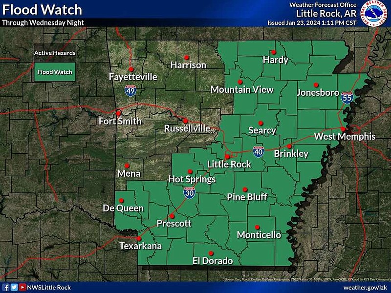 This graphic from the National Weather Service highlights portions of Arkansas under a flood watch until Wednesday evening. (National Weather Service/X)