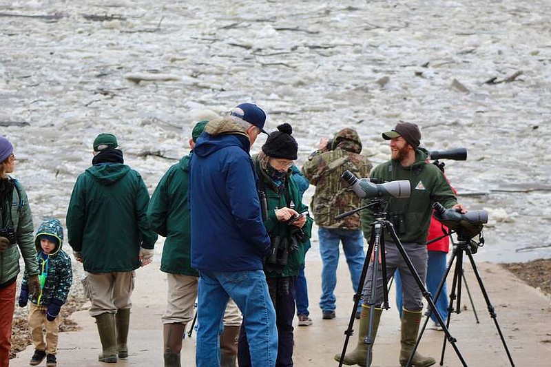 Alexa Pfeiffer/News Tribune photo: Eagle enthusiasts gather at Marion Access Saturday, Jan. 27, 2024, where Runge Nature Center has set up telescopes for Eagle viewing along the river.