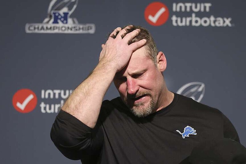 Detroit Lions head coach Dan Campbell reacts while speaking at a news conference after the NFC Championship NFL football game against the San Francisco 49ers in Santa Clara, Calif., Sunday, Jan. 28, 2024. (AP Photo/Jed Jacobsohn)