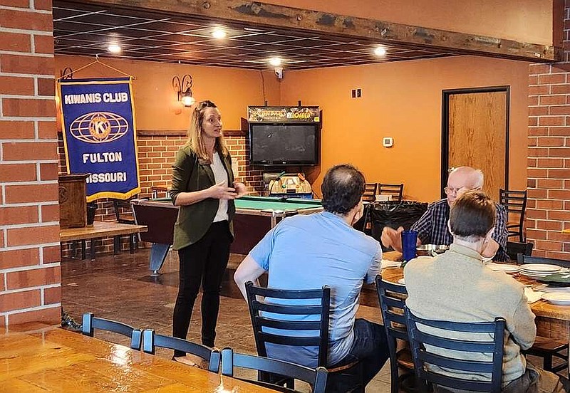 Emily O'Leary / Fulton Sun
North Callaway School District Kenya Thompson speaking to members of the Fulton Kiwanis Club at Thursday's meeting. Thompson talked about Propositions N and C and impacts on the district if passed.